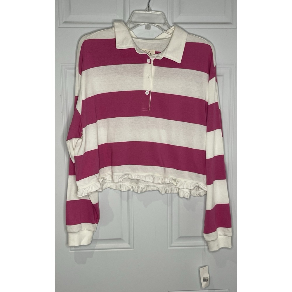 Thread & Supply Women's Large Pink & White Striped Cropped Rugby Polo Shirt